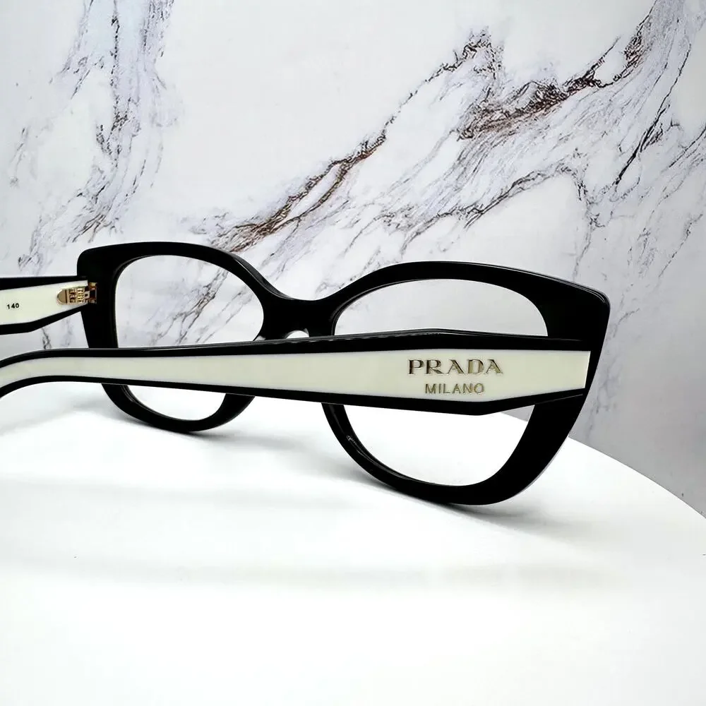 New PRADA Eyeglasses Cat Eye Black White Gold 53-17-140 Womens